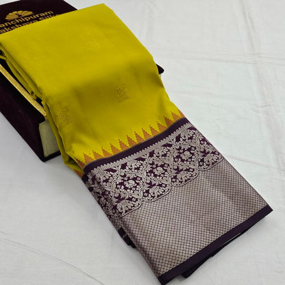 Yellow And Brown Kanchipuram Pure Silk Saree With Floral Buta – Kanchipuram Lakshaya Silks