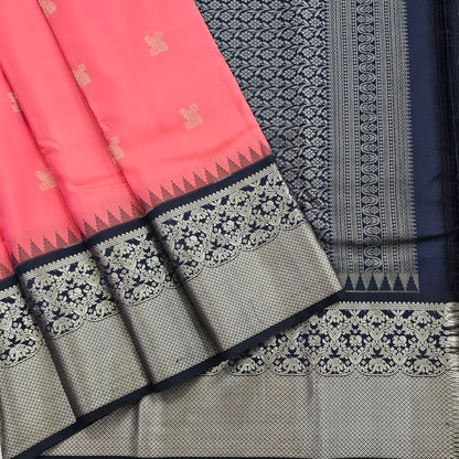 Pink And Blue Kanchipuram Pure Silk Saree With Diamond Pattern