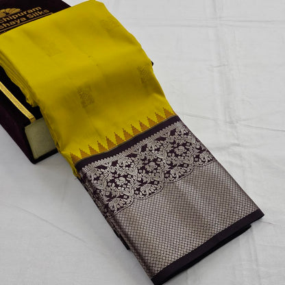Yellow And Brown Kanchipuram Pure Silk Saree With Grand Pallu – Kanchipuram Lakshaya Silks