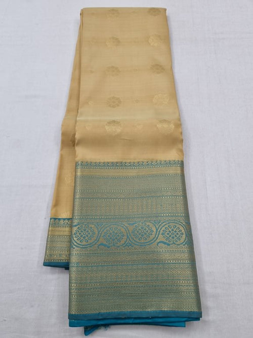 Blue And Gold Kanchipuram Pure Silk Saree With Temple Border – Kanchipuram Lakshaya Silks
