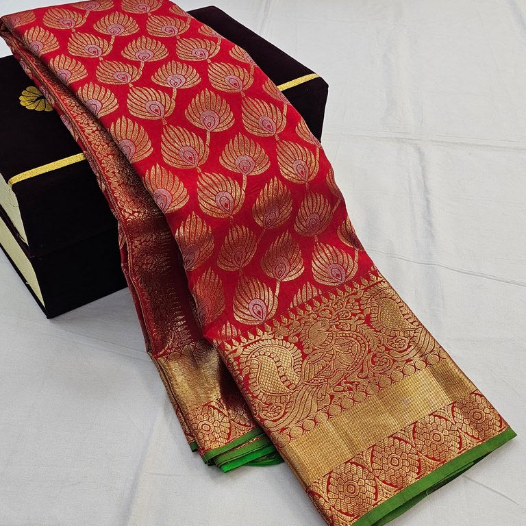 Kanchipuram Pure Handloom Traditional Wedding Red Bridal Silk Saree 015