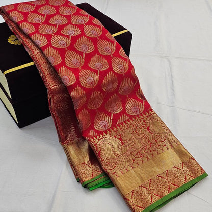 Red And Gold Kanchipuram Pure Silk Saree With Temple Border – Kanchipuram Lakshaya Silks