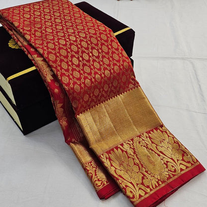 Red And Gold Kanchipuram Pure Silk Saree With Zari Work – Kanchipuram Lakshaya Silks