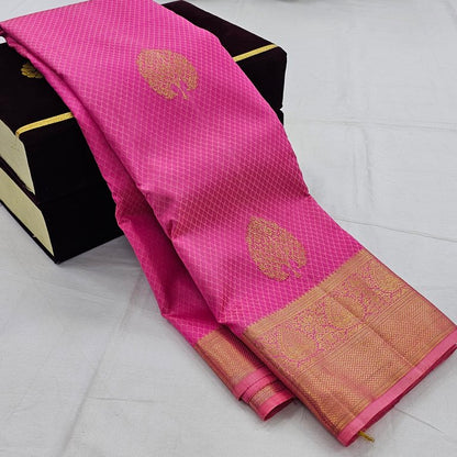 Pink And Gold Kanchipuram Pure Silk Saree With Embroidered Leaf Motif – Kanchipuram Lakshaya Silks
