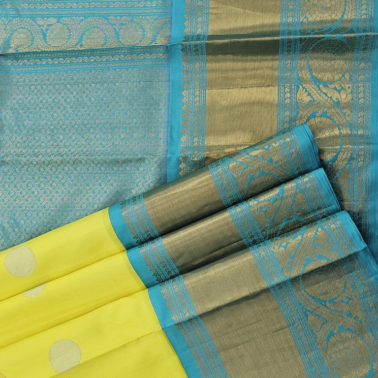 Lemon yellow And Aqua Blue Kanchipuram Pure Silk Sarees
