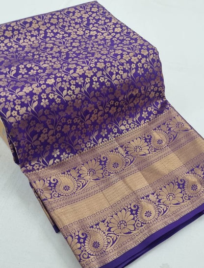 Purple And Gold Kanchipuram Pure Silk Saree With Floral And Paisley Motif – Kanchipuram Lakshaya Silks