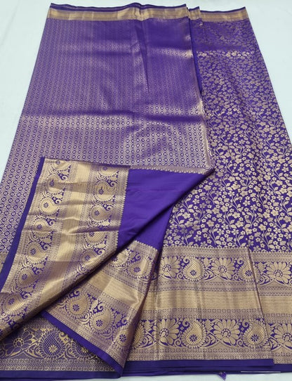 Purple And Gold Kanchipuram Pure Silk Saree With Floral And Paisley Motif
