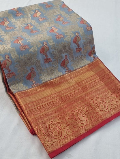 Red And Blue Kanchipuram Pure Silk Saree With Floral Pattern – Kanchipuram Lakshaya Silks