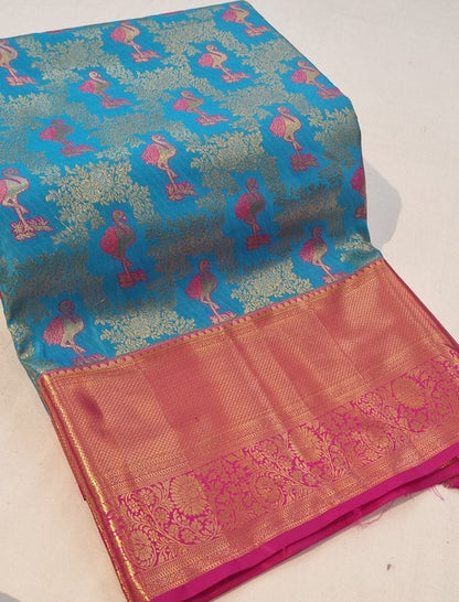 Blue And Pink Kanchipuram Pure Silk Saree With Patterned Pallu – Kanchipuram Lakshaya Silks