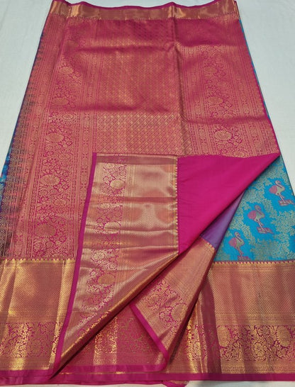 Blue And Pink Kanchipuram Pure Silk Saree With Patterned Pallu