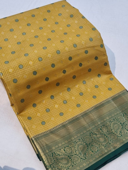 Yellow And Gold Kanchipuram Pure Silk Saree With Temple Border – Kanchipuram Lakshaya Silks