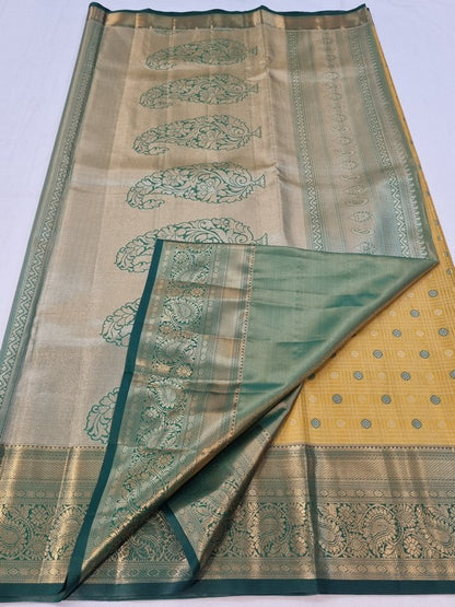 Yellow And Gold Kanchipuram Pure Silk Saree With Temple Border