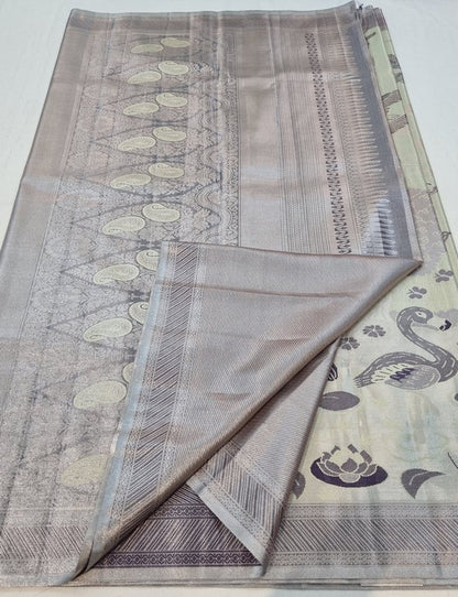 Purple And Green Kanchipuram Pure Silk Saree With Floral Design