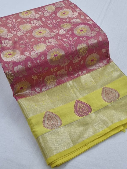 Pink And Yellow Kanchipuram Pure Silk Saree With Diamond Pattern – Kanchipuram Lakshaya Silks