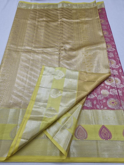 Pink And Yellow Kanchipuram Pure Silk Saree With Diamond Pattern