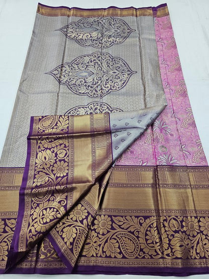 Pink And Purple Kanchipuram Pure Silk Saree With Rich Pallu