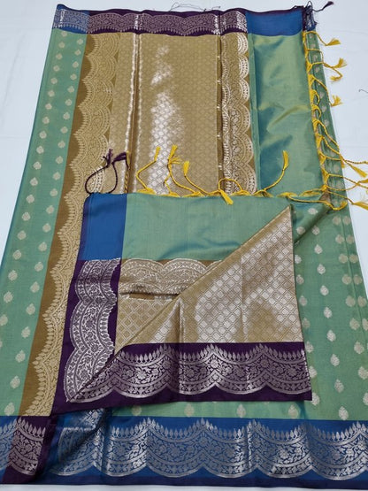 Green And Blue Kanchipuram Pure Silk Saree With Floral Buta – Kanchipuram Lakshaya Silks