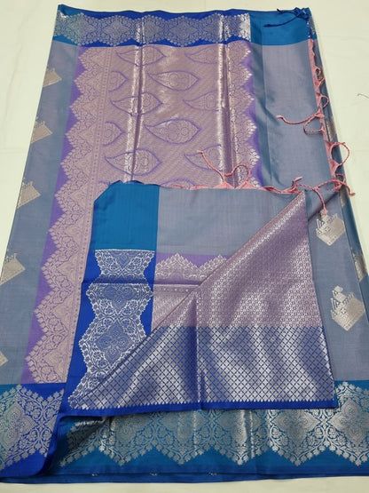 Blue And Purple Kanchipuram Pure Silk Saree With Diamond Pattern – Kanchipuram Lakshaya Silks