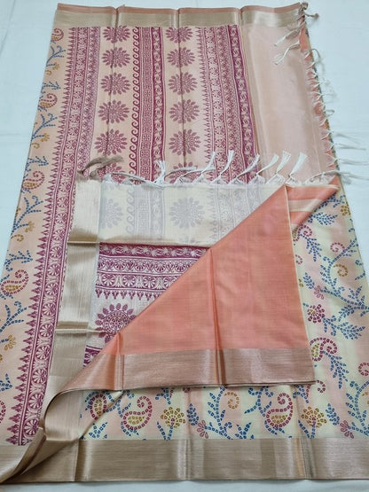 Cream And Blue Kanchipuram Pure Silk Saree With Floral Pattern – Kanchipuram Lakshaya Silks