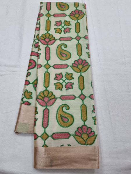 White And Blue Kanchipuram Pure Silk Saree With Floral Design On Border