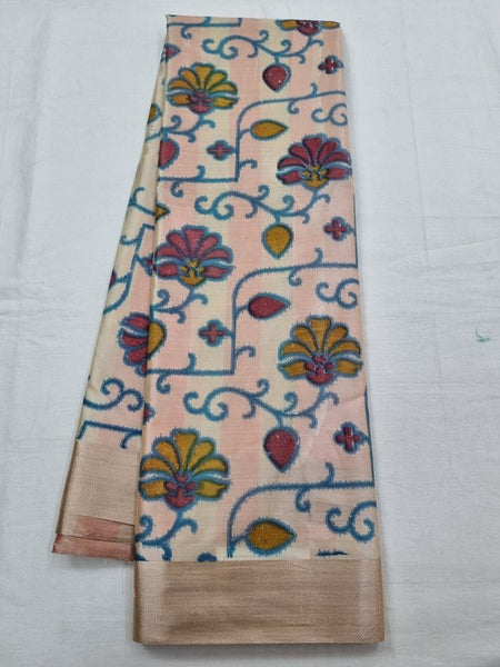 Blue And Pink Kanchipuram Pure Silk Saree With Floral Pattern