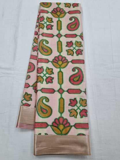 Pink And Yellow Kanchipuram Pure Silk Saree With Floral Buta – Kanchipuram Lakshaya Silks