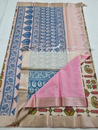Pink And Yellow Kanchipuram Pure Silk Saree With Floral Buta – Kanchipuram Lakshaya Silks