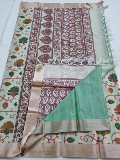 Green And Brown Kanchipuram Pure Silk Saree With Floral Buta – Kanchipuram Lakshaya Silks