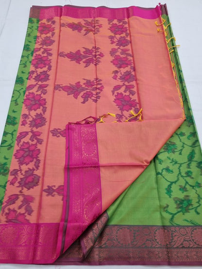 Green And Red Kanchipuram Pure Silk Saree With Floral Buta – Kanchipuram Lakshaya Silks