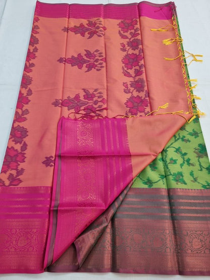 Red And Green Kanchipuram Pure Silk Saree With Floral Buta – Kanchipuram Lakshaya Silks