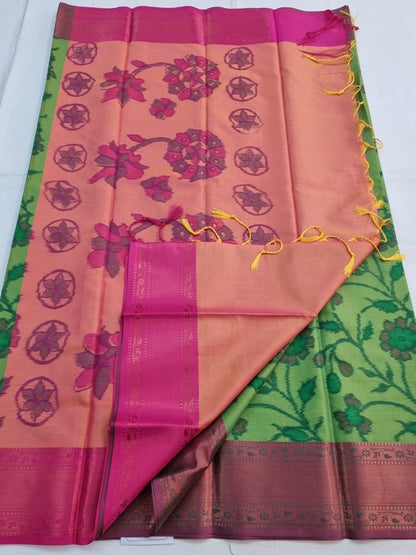 Teal And Red Kanchipuram Pure Silk Saree With Floral Motif – Kanchipuram Lakshaya Silks