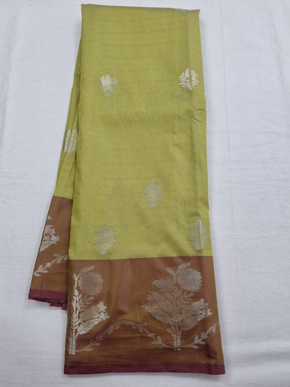 Yellow And Maroon Kanchipuram Pure Silk Saree With Embroidered Leaf Motif – Kanchipuram Lakshaya Silks