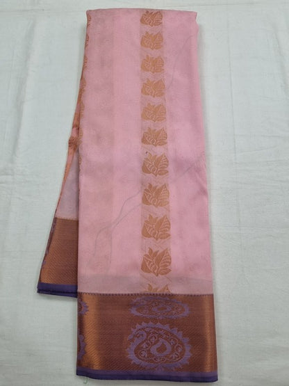 Pink And White Kanchipuram Pure Silk Saree With Floral Buta – Kanchipuram Lakshaya Silks