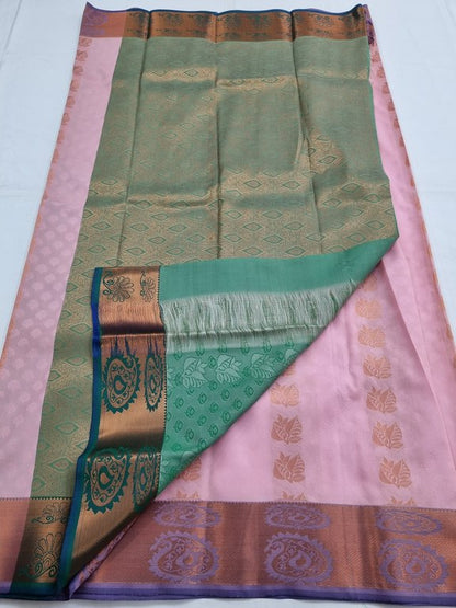Pink And White Kanchipuram Pure Silk Saree With Floral Buta – Kanchipuram Lakshaya Silks
