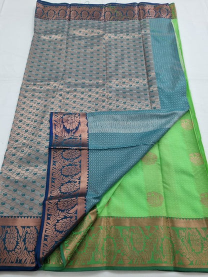 Green And Yellow Kanchipuram Pure Silk Saree With Diamond Pattern 096 – Kanchipuram Lakshaya Silks