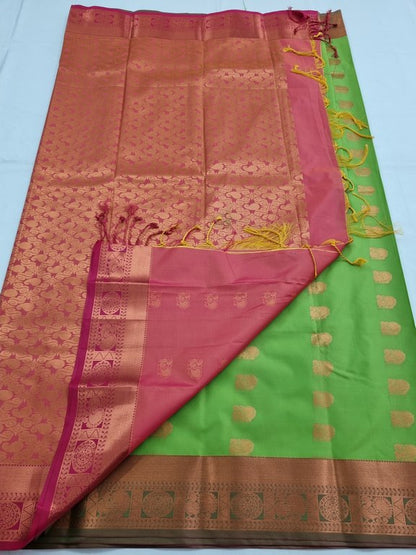 Green And Red Kanchipuram Pure Silk Saree With Temple Border – Kanchipuram Lakshaya Silks