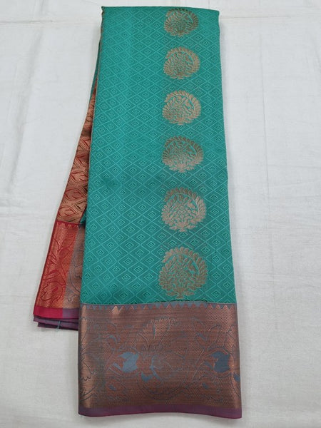 Blue And Red Kanchipuram Pure Silk Saree With Floral Buta
