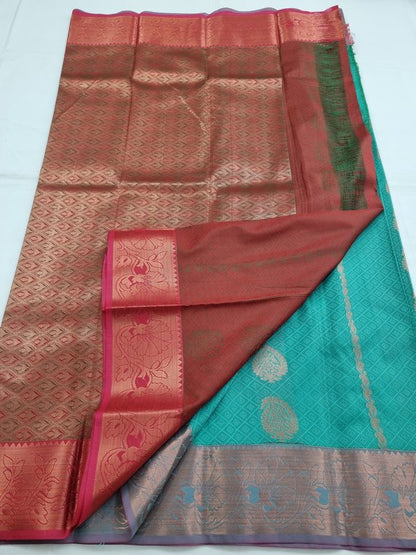 Blue And Red Kanchipuram Pure Silk Saree With Floral Buta – Kanchipuram Lakshaya Silks