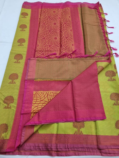 Yellow And Green Kanchipuram Pure Silk Saree With Floral Buta – Kanchipuram Lakshaya Silks