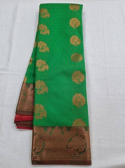 Green And Gold Kanchipuram Pure Silk Saree With Floral Motif On Border – Kanchipuram Lakshaya Silks
