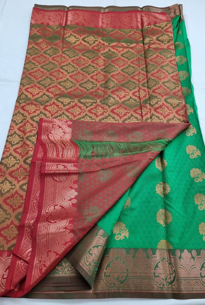 Green And Gold Kanchipuram Pure Silk Saree With Floral Motif On Border – Kanchipuram Lakshaya Silks