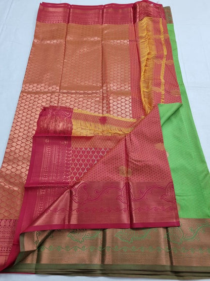 Green And Teal Kanchipuram Pure Silk Saree With Leaf Motif – Kanchipuram Lakshaya Silks