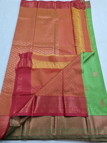 Green And Green Kanchipuram Pure Silk Saree With Zari Border – Kanchipuram Lakshaya Silks