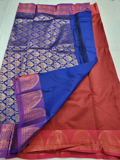Red And Maroon Kanchipuram Pure Silk Saree With Temple Border 160 – Kanchipuram Lakshaya Silks