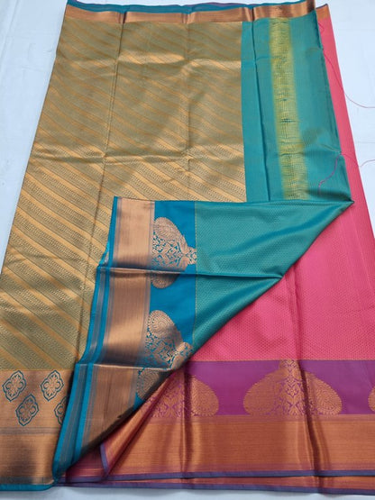 Orange And Pink Kanchipuram Pure Silk Saree With Floral Buta – Kanchipuram Lakshaya Silks