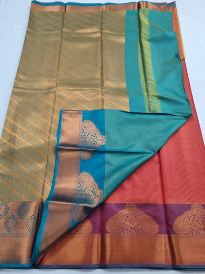 Red And Maroon Kanchipuram Pure Silk Saree With Floral Buta – Kanchipuram Lakshaya Silks