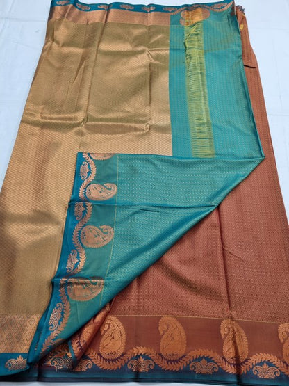 Red And Blue Kanchipuram Pure Silk Saree With Temple Border – Kanchipuram Lakshaya Silks