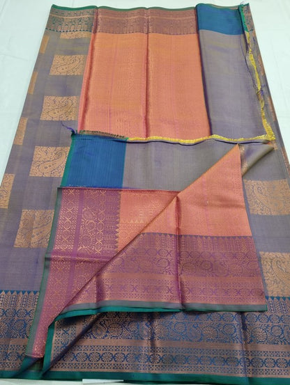 Maroon And Blue Kanchipuram Pure Silk Saree With Striped Pattern – Kanchipuram Lakshaya Silks