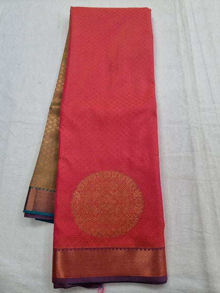 Pink And Red Kanchipuram Pure Silk Saree With Gold Zari Work