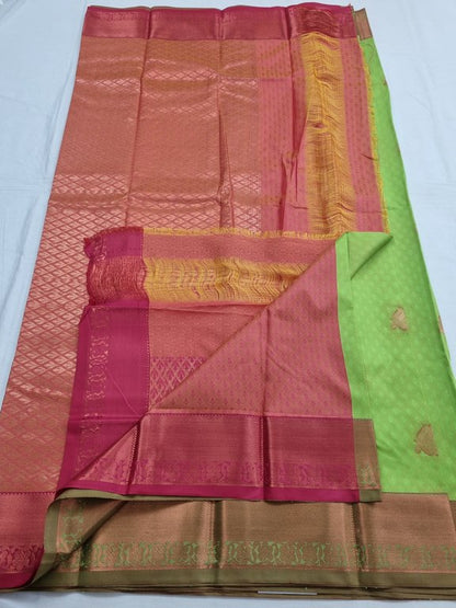 Yellow And Green Kanchipuram Pure Silk Saree With Gold Work On Border – Kanchipuram Lakshaya Silks